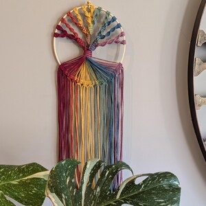 May include: A circular macrame wall hanging featuring a tree design crafted from rainbow-colored cord. The upper section displays twisted branches in red, orange, yellow, green, blue, and purple, while the lower section consists of long, straight, multicolored fringe hanging from the central trunk.