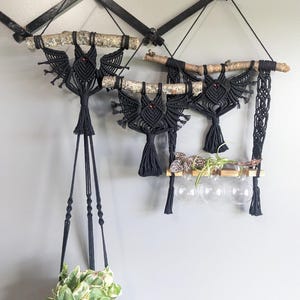 May include: Black macrame plant hangers and a shelf with glass globes. The macrame designs feature a bat-like shape, with wooden branches and red accents. A hanging plant with green and white leaves is also visible.