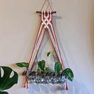 May include: A macrame plant hanger with a geometric pattern in shades of red and white. The hanger is made of cotton cord and has a wooden dowel at the top. The hanger is holding a collection of small glass bottles filled with plants.