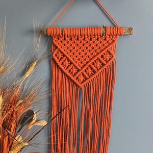 Puede incluir: Un tapiz de macramé de color naranja quemado con un patrón geométrico y flecos. El tapiz está sujeto a una rama de madera natural.
