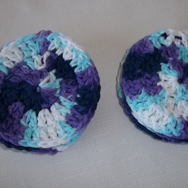 100% Cotton Facial Scrubbies, blue and purple variegated, eight pack, facial pads, rounds, reuseable cotton pads, makeup removers,