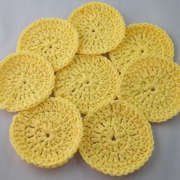 100% Cotton Facial scrubbies, yellow, eight pack, facial pads, rounds, reuseable cotton pads, makeup removers,