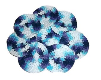 100% Cotton Facial Scrubbies, Variegated purple, blue, and white, eight pack, facial pads, rounds, reuseable cotton pads, makeup removers,