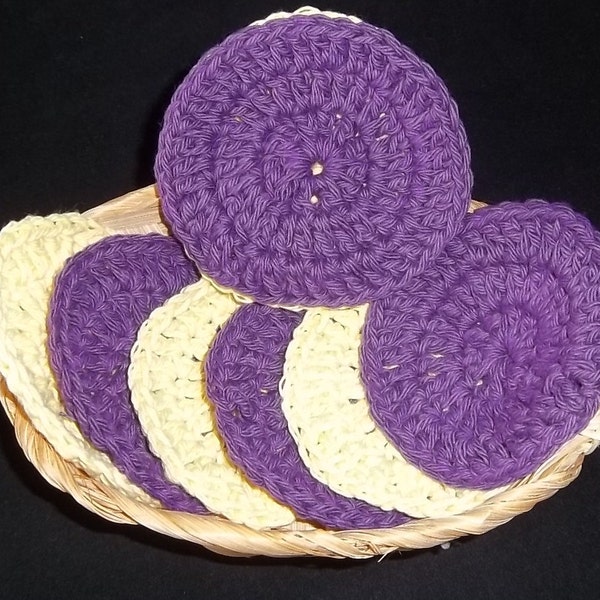 Crochet Scrubby, Cotton Facial Scrubbies, yellow and purple, eight pack, facial pads, rounds, reuseable cotton pads, makeup remo