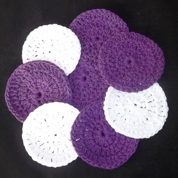 100% Cotton Facial scrubbies, purple and white, eight pack, facial pads, rounds, reuseable cotton pads, makeup removers,