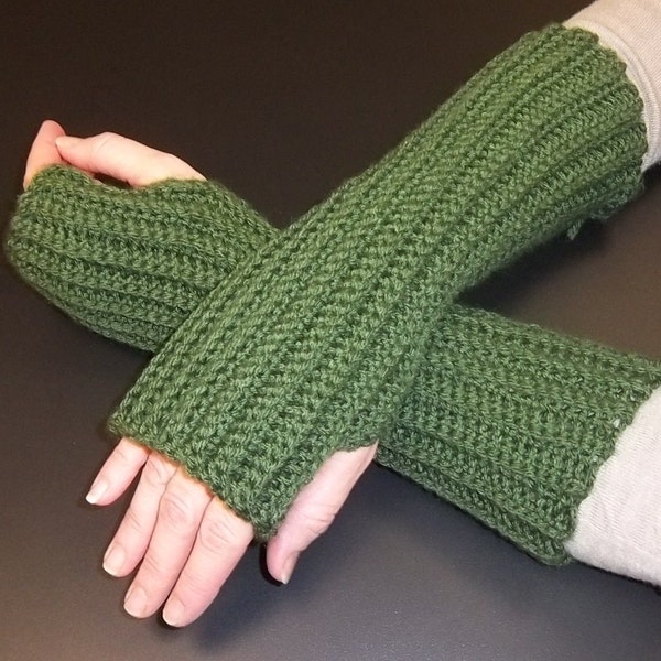 Long Ribbed Fingerless Gloves (Medium), crocheted olive green fingerless, handmade handwarmers, wristlets, texting gloves, gauntle