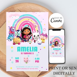 Gabby&#39;s Dollhouse Invite - Kids Birthday, Dollhouse Birthday, Editable Template, Dollhouse Party Invitation, Digital Invitation, DIY Invite