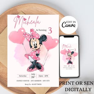 Invito di compleanno modificabile di Minnie, invito di compleanno di Minnie Mouse, invito di compleanno per bambini a pois rosa e neri, invito per festa di Minnie per bambine