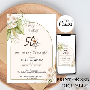 Boho floral 50th wedding anniversary invitation template, editable golden wedding anniversary invite, printable anniversary party invite