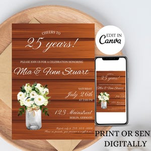 25th Anniversary invitation, Anniversary Party Invitation, DIY Rustic Anniversary Invitation, Editable Anniversary Invitation, Rustic Theme