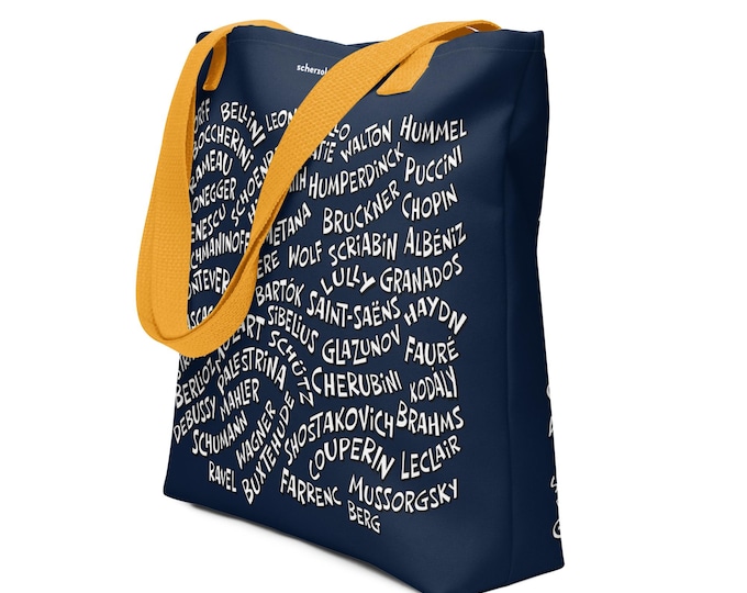 Classical Composers name tote bag with around 100 names on it