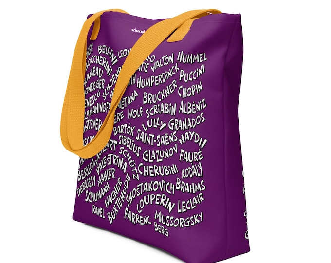 Classical Composers name tote bag with around 100 names on it