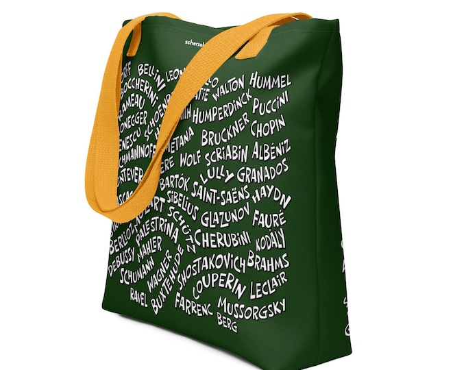 Classical Composers name tote bag with around 100 names on it