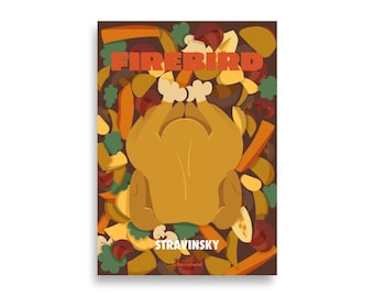 Stravinsky Firebird poster showing a roasted chicken as a firebird