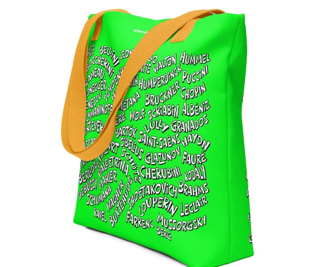 Classical Composers name tote bag with around 100 names on it