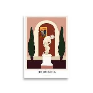Puede incluir: Un póster con una ilustración estilizada de una estatua clásica en un jardín. La obra de arte incluye una imagen enmarcada de "El Grito", dos árboles verdes y el texto "EDVARD GREEK". La paleta de colores incluye tonos de rosa, verde y blanco.