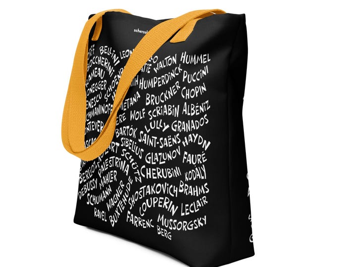 Classical Composers name tote bag with around 100 names on it
