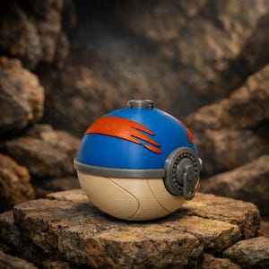 May include: A blue and tan spherical object with an orange stripe and gray accents. The object has a circular gray mechanism on the side and a small gray cylinder on top. The object is sitting on a rock.