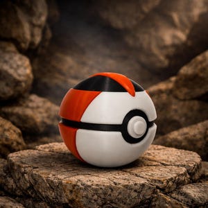 May include: A white, black, and orange spherical object, resembling a stylized ball, rests on a textured rock surface. The ball features a central black band, orange accents, and a white button detail. The background is a blurred, rocky landscape.