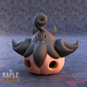 May include: A 3D-printed, stylized character with a black head and tentacles, yellow eyes, and a small mouth with two teeth. The character sits atop a pink pumpkin-shaped base with two round holes. The Maple 3D Printing logo is in the lower left.