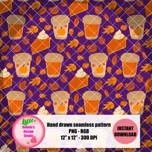 Pumpkin Spice Coffee Seamless Pattern Purple Fall Leaves Pie Digital Paper Scrapbooking Hand Drawn PNG Sublimation Fabric Surface Design