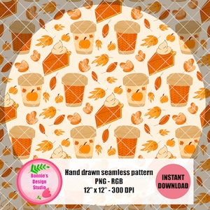 Pumpkin Spice Coffee Seamless Pattern Off-white Fall Leaves Pie Digital Paper Scrapbooking Hand Drawn PNG Sublimation Fabric Surface Design
