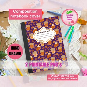 May include: A composition notebook cover with a purple background and a pattern of coffee cups and pumpkin pie slices. The notebook has the text "Composition notebook cover", "HAND DRAWN", and "2 PRINTABLE PNG'S".