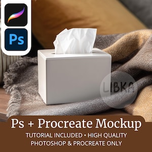 Puede incluir: Una caja de pañuelos blanca con pañuelos visibles, colocada sobre una manta estampada. La imagen incluye el texto "Ps + Procreate Mockup" y "Tutorial Included • High Quality Photoshop & Procreate Only".