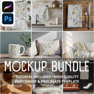 May include: A mockup bundle featuring various home decor items with a floral pattern in yellow, blue, and gray. Items include a mug, pillow, blanket, towel, and wall art. The text "MOCKUP BUNDLE" is displayed.