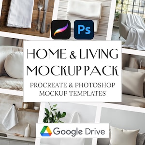 Peut inclure: Un collage d'éléments de décoration et de design d'intérieur. Comprend une serviette blanche pliée, des couverts, une pile de draps blancs, une couverture blanche, un coussin et un sac fourre-tout. Le texte indique "HOME & LIVING MOCKUP PACK".