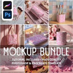 May include: A collection of pink items with white heart patterns, such as a tote bag, mug, makeup brushes, and a laptop case. The image also includes the text "MOCKUP BUNDLE" and "TUTORIAL INCLUDED".