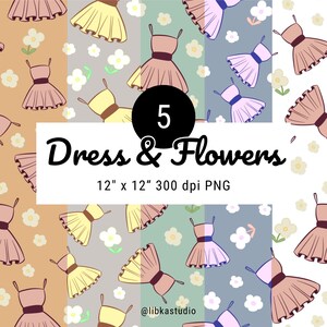 Vestido Coquete Flores Padrão Sem Costura Papel Digital Repetível Desenhos Imprimíveis Download Instantâneo POD PNG de Alta Resolução, 12 polegadas