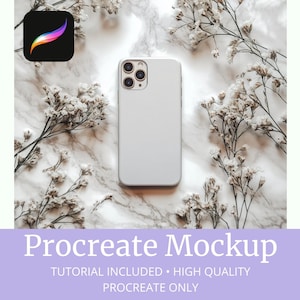 Può includere: Un mockup di iPhone bianco su una superficie di marmo con fiori bianchi. Il telefono è vuoto e pronto per il tuo design. Mockup Procreate. Tutorial incluso. Alta qualità. Solo per Procreate.