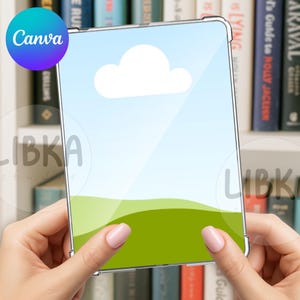 May include: A clear tablet case with a sky and cloud design, held by two hands. The tablet screen displays a blue sky, a white cloud, and a green landscape. The Canva logo is visible in the upper left corner.