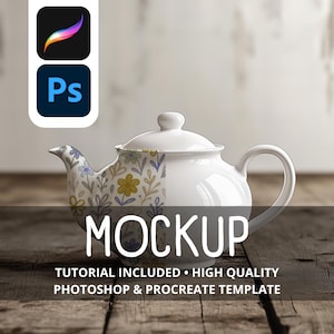 May include: A white ceramic teapot with a floral pattern on one side, including yellow and blue flowers. The word "MOCKUP" is displayed below the teapot, with text indicating a Photoshop and Procreate template.