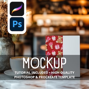 May include: A mockup with a red cover featuring teddy bears, cupcakes, and hearts. The text "MOCKUP" is displayed in large white letters. Additional text reads "TUTORIAL INCLUDED • HIGH QUALITY PHOTOSHOP & PROCREATE TEMPLATE". A cup of coffee sits in the foreground.