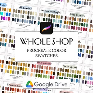 以下が含まれることがあります： デジタルアートアプリProcreate用の30色のカラーパレットのデジタルコラージュ。パレットは実際の画像からインスピレーションを得ており、「At Seaside」、「Nature Waterfall」、「Spice Peppers」、「Pink Cocktail」、「Fresh Spring」、「Brunch Time」などのカテゴリに分類されています。テキスト「WHOLE SHOP PROCREATE COLOR SWATCHES」は、コラージュの上部に大きく太字で表示されています。テキスト「Google Drive」は、コラージュの下部中央に表示されています。