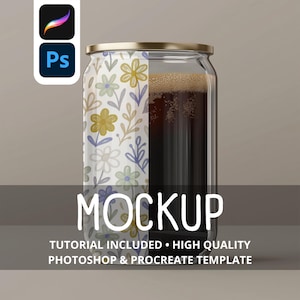 May include: A clear glass jar with a gold lid, filled with a dark liquid. The jar has a floral design on one side and the word "MOCKUP" in large white letters. The text "TUTORIAL INCLUDED • HIGH QUALITY PHOTOSHOP & PROCREATE TEMPLATE" is also visible.