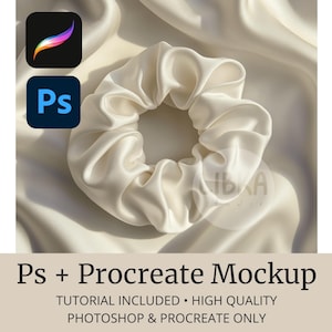 May include: Ivory satin scrunchie with a gathered design. The scrunchie is on a matching satin background. The image also includes the Procreate and Photoshop logos, and the text "Ps + Procreate Mockup".
