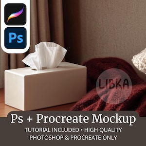 Puede incluir: Una caja de pañuelos rectangular blanca con pañuelos que sobresalen. La imagen incluye el texto "Ps + Procreate Mockup" y los logotipos de Procreate y Photoshop. Una manta burdeos y una almohada blanca están en el fondo.
