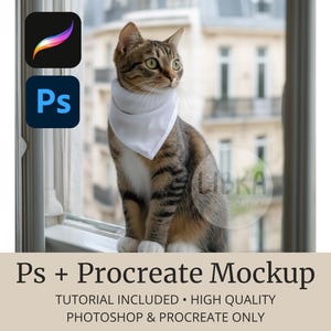 May include: A tabby cat wearing a white bandana sits on a windowsill. The cat is brown and tan with black stripes. The image includes the Procreate and Photoshop logos, and the text "Ps + Procreate Mockup".