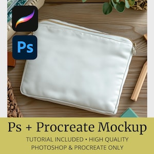 May include: White zippered pouch mockup for Photoshop and Procreate. The pouch is laying on a wooden surface with a pencil and a green object next to it.