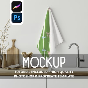 May include: A green and white kitchen towel with a bow pattern hangs on a hook. The towel is next to a silver faucet and a wooden cutting board. The image includes the text "MOCKUP" and "TUTORIAL INCLUDED • HIGH QUALITY PHOTOSHOP & PROCREATE TEMPLATE".