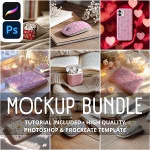 May include: A mockup bundle featuring various items with heart patterns, including a mouse, phone case, and AirPods case. The image also shows a laptop case, candles, and the text "MOCKUP BUNDLE".