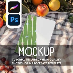 May include: A mockup notebook with a green cover featuring white vertical stripes and small bows. The notebook is on a checkered blanket with fruit in the background. The word "MOCKUP" is displayed on the notebook. Text at the bottom reads "TUTORIAL INCLUDED • HIGH QUALITY PHOTOSHOP & PROCREATE TEMPLATE."