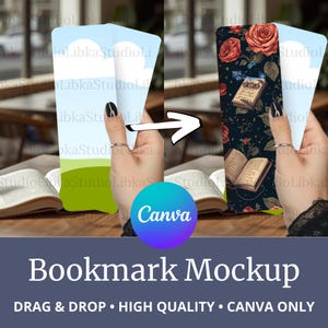 May include: A bookmark mockup with a floral design and an open book. The bookmark is being revealed with a white arrow. The text "Bookmark Mockup" is displayed below, along with "DRAG & DROP • HIGH QUALITY • CANVA ONLY".
