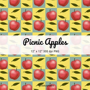 Maçãs Verão Padrão Sem Costura Papel Digital Designs Imprimíveis Download Instantâneo POD PNG de Alta Resolução 12 polegadas Tinta a Óleo Frutas Piquenique