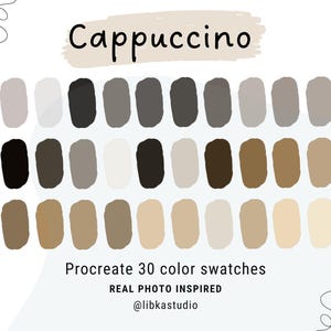Cappuccino voortplanten kleurenpalet 30 stalen, HEX-codes, iPad, digitaal palet, voortplanten stalen schattig beige bruin kleurenstaal