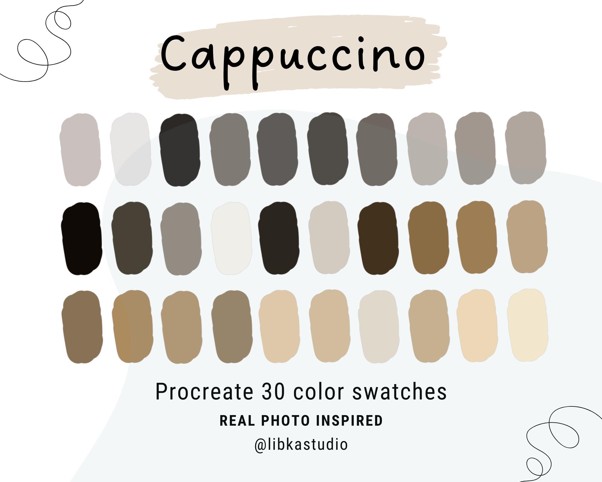 Paleta de colores Procreate Cappuccino Coffee – 30 tonos beige y marrón con códigos HEX para iPad