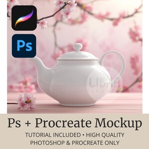 May include: A white ceramic teapot with a lid and handle, set against a soft pink floral background. The image includes the Procreate and Photoshop logos, with the text "Ps + Procreate Mockup".